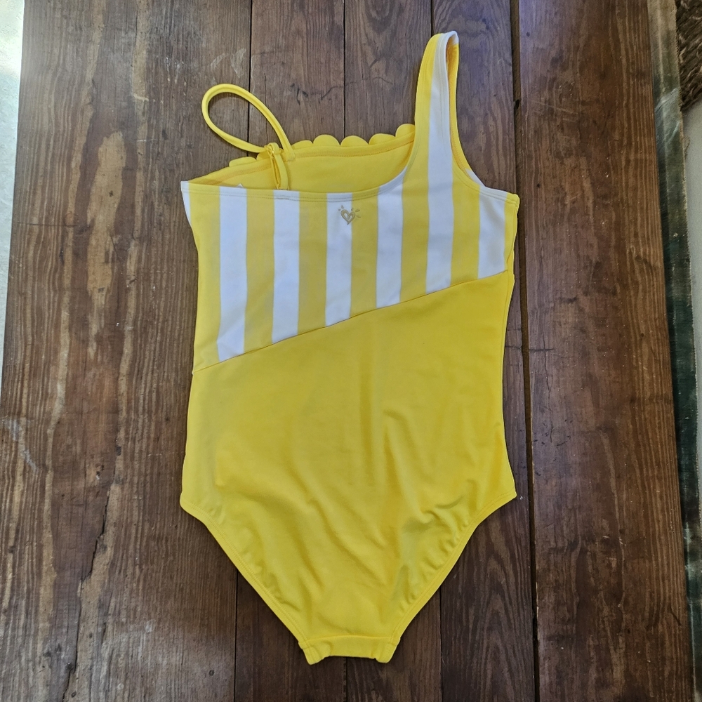 Justice Swimsuit Girls Sz 20 Yellow & White Striped One-Shoulder Scallop NWOT - Picture 2 of 10